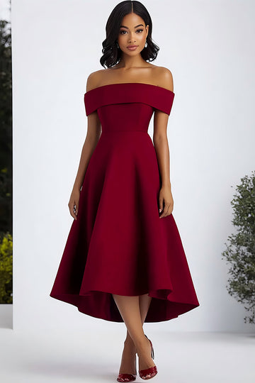 Burgundy A Line Off The Shoulder Midi Formal Dress